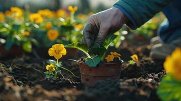 ai généré jardiniers sont plantation fleurs par main dans des pots rempli avec saleté ou sol photo