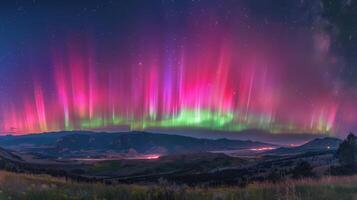 ai généré rubans de vert, rose, et violet Danse à travers le nuit ciel, La peinture il avec d'un autre monde couleurs photo