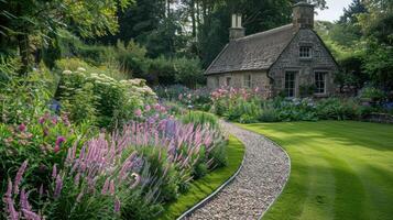 ai généré vibrant parterres de fleurs et courbure herbe chemin dans une charmant Anglais formel jardin photo