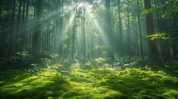ai généré lumière du soleil filtres par une canopée de émeraude feuilles, pommelé le forêt sol dans une mosaïque de lumière et ombre. photo