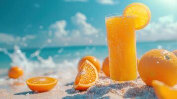 ai généré Frais Orange jus, des fruits sur le sable avec bleu ciel arrière-plan, été concept photo