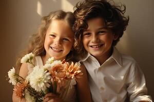 ai généré de bonne humeur couple garçon et fille avec une magnifique bouquet de fleurs, aimer, valentines journée photo