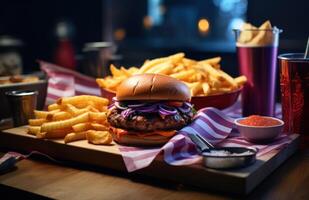 ai généré américain drapeau Burger avec frites photo