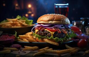 ai généré américain drapeau Burger avec frites photo