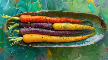 ai généré arc en ciel rôti carottes avec herbes affiché sur une assiette contre une vibrant vert toile de fond photo