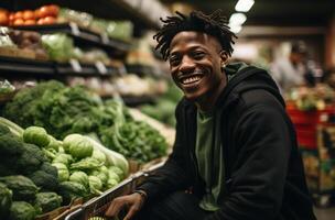 ai généré une Jeune noir homme est achat des légumes dans une supermarché photo