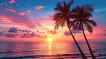 ai généré silhouettes de paume des arbres sur une tropical plage pendant une vibrant le coucher du soleil photo