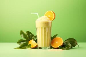 ai généré une vert et Jaune Contexte avec tropical fruit smoothie sur il photo