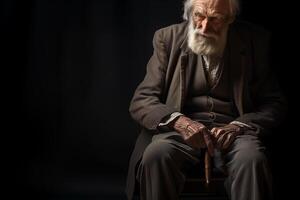 ai généré un âgé, triste homme dans une costume avec une canne est assis sur une chaise sur une noir Contexte photo