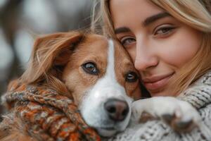 ai généré portrait de magnifique Jeune femme avec chien dans chaud vêtements photo