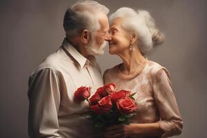 ai généré un plus âgée couple embrasser et en portant des roses photo