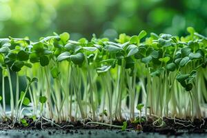 ai généré luxuriant micro-pousses, fermer, en bonne santé en mangeant concept photo