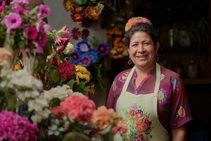 ai généré portrait de mature asiatique femme fleuriste travail dans fleur magasin photo