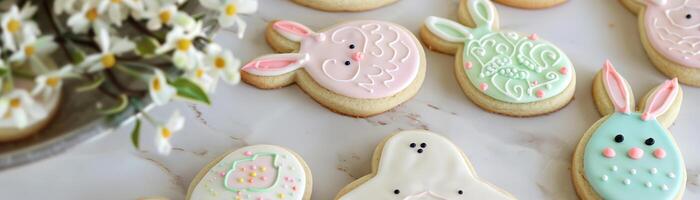 ai généré fait maison Pâques plaisir, Oeuf et lapin en forme de biscuits pour le vacances photo