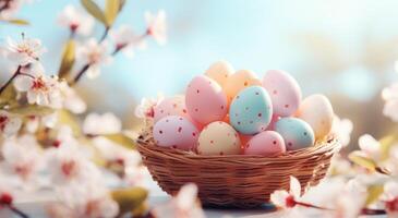 ai généré coloré Pâques des œufs dans printemps dans blanc paniers sur ensoleillé Contexte printemps Contexte photo