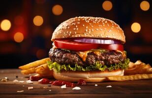 ai généré Burger sur le table avec américain drapeau à le côté photo