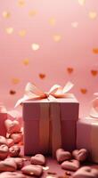 ai généré or cœur confettis et rose cadeaux sur brillant rose Contexte photo