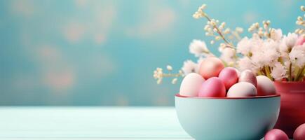 ai généré Pâques et fleurs table dans bleu tasse Stock métrage photo