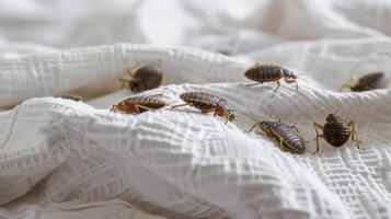 ai généré une punaise de lit colonie visible sur une blanc lit feuille dans une chambre lorsque vu de le Haut photo