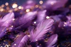 ai généré violet plumes et d'or disques sur une violet Contexte photo