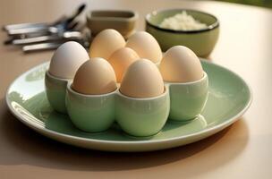 ai généré Oeuf tasses, poule et Pâques œufs, argenterie, une menu photo