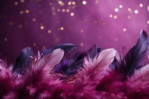 ai généré violet Contexte avec plumes et confettis photo