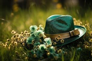 ai généré vert chapeau dans le herbe sur le vert journée photo