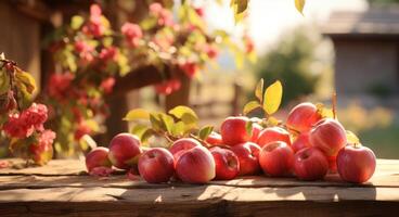 ai généré rouge pommes à le arbre dans l'automne l'automne sur en bois table scène photo