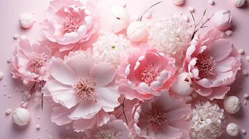 ai généré rose pivoines arrangé parmi blanc branches, feuilles et confettis photo