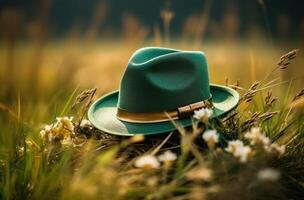 ai généré vert chapeau dans le herbe sur le vert journée photo