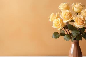 ai généré Jaune des roses sur une beige Contexte avec Vide enveloppe photo