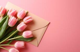 ai généré Valentin enveloppe avec tulipes sur rose Contexte Rose photo