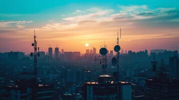 ai généré le en hausse Soleil hérauts le début de une Nouveau journée plus de une paysage urbain à pois avec antennes photo