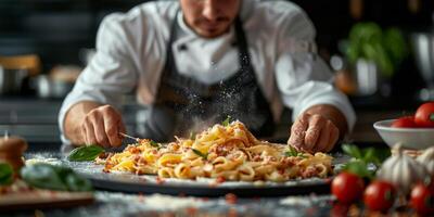 ai généré classique Pâtes sur cuisine Contexte. régime et nourriture concept. photo