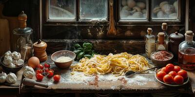 ai généré classique Pâtes sur cuisine Contexte. régime et nourriture concept. photo