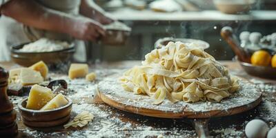 ai généré classique Pâtes sur cuisine Contexte. régime et nourriture concept. photo