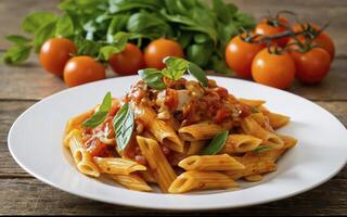 ai généré Penne Pâtes dans tomate sauce avec poulet et tomates sur une en bois table photo