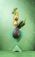 ai généré Frais vert des légumes nourriture équilibre sur vert géométrique papier Contexte photo