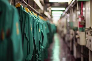 ai généré vert travail uniformes pendaison dans industriel blanchisserie photo