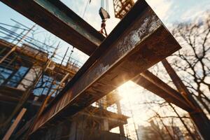 ai généré dynamique construction site à le coucher du soleil photo