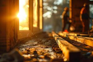 ai généré d'or le coucher du soleil par construction site fenêtre photo