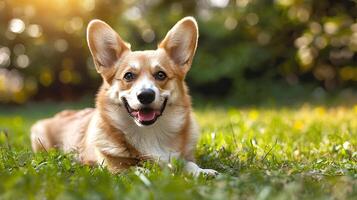 ai généré souriant visage mignonne charmant corgi mensonge sur le herbe dans une été parc, marrant charmant animal de compagnie chien, chien sur le Contexte de la nature. photo