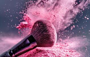 ai généré fermer de une maquillage brosse saupoudré avec vibrant rose rougir poudre photo