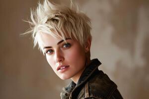 ai généré portrait de une Jeune femme avec court blond cheveux à l'intérieur photo