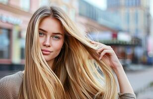 ai généré Jeune blond femme émouvant sa cheveux sur une occupé ville rue à jour photo