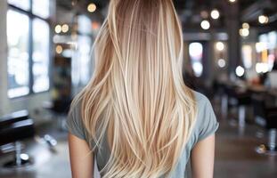 ai généré portrait de une Jeune femme avec blond balayage coiffure à l'intérieur photo