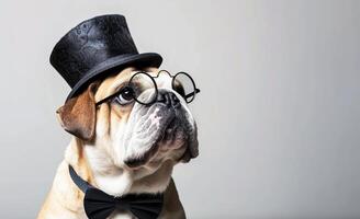 ai généré pimpant bouledogue habillé dans une noir arc attacher et chapeau pose contre blanc Contexte photo