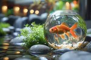 ai généré poisson rouge nager sereinement dans une rond verre bol parmi rivière galets et verdure photo