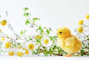 ai généré bébé poussin avec des œufs et fleurs photo
