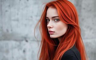 ai généré fermer portrait de une Jeune femme avec vibrant rouge cheveux et doux lumière du soleil photo